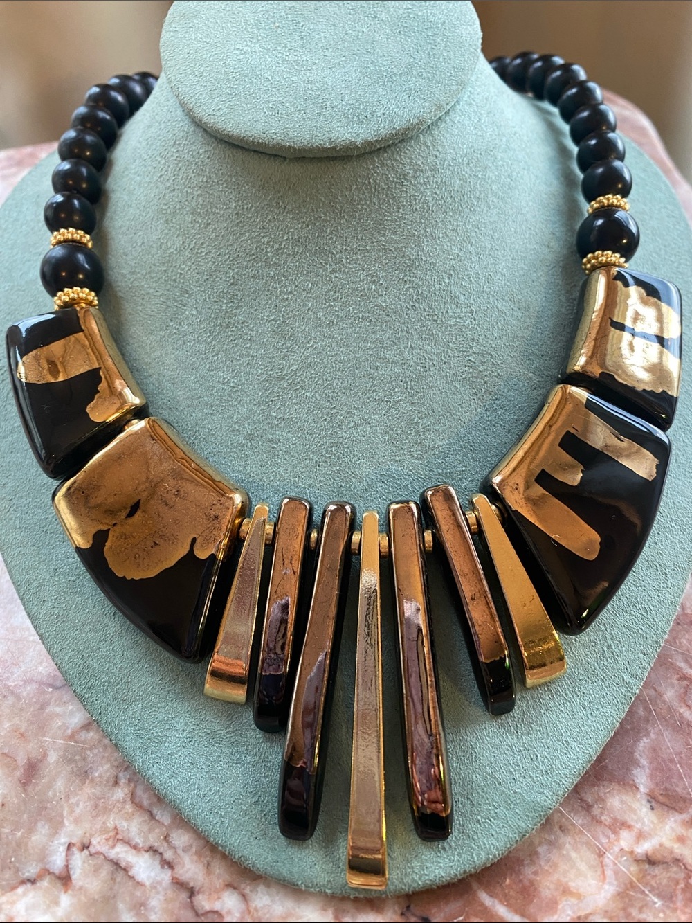 Vintage Black and Gold Elegant Black & Gold Statement Necklace- Mid- Century Bib
